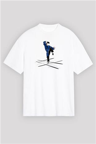 Wushu Baskılı Unisex Beyaz Oversize Tişört - Tshirt