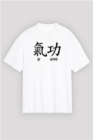 Wushu Baskılı Unisex Beyaz Oversize Tişört - Tshirt