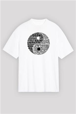 Wushu Baskılı Unisex Beyaz Oversize Tişört - Tshirt