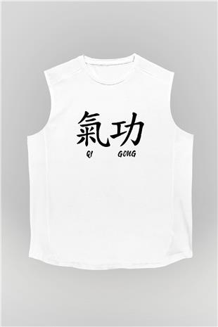 Wushu Baskılı Unisex Kolsuz Beyaz Tişört