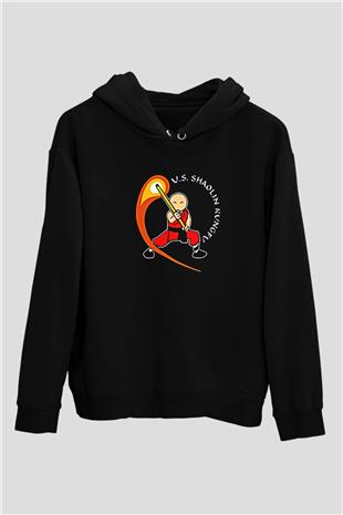 Wushu Baskılı Unisex Siyah Kapüşonlu Sweatshirt