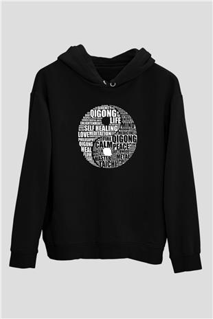 Wushu Baskılı Unisex Siyah Kapüşonlu Sweatshirt