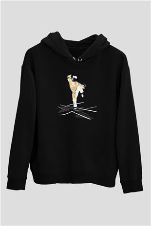 Wushu Baskılı Unisex Siyah Kapüşonlu Sweatshirt