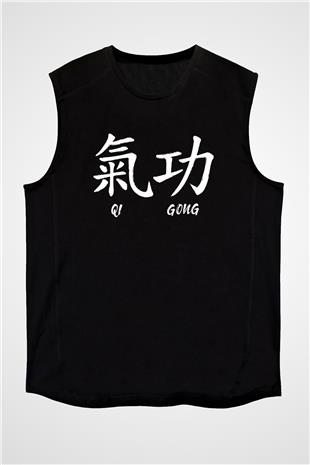 Wushu Baskılı Unisex Siyah Kolsuz Tişört