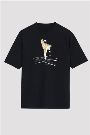 Wushu Baskılı Unisex Siyah Oversize Tişört