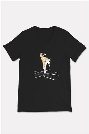 Wushu Baskılı Unisex Siyah V Yaka Tişört