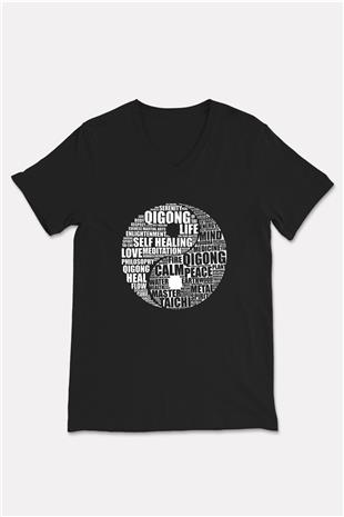 Wushu Baskılı Unisex Siyah V Yaka Tişört