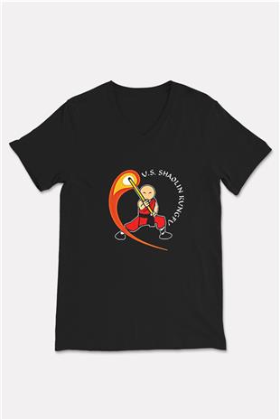 Wushu Baskılı Unisex Siyah V Yaka Tişört