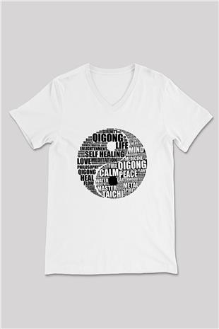 Wushu Baskılı Unisex V Yaka Tişört - Tshirt