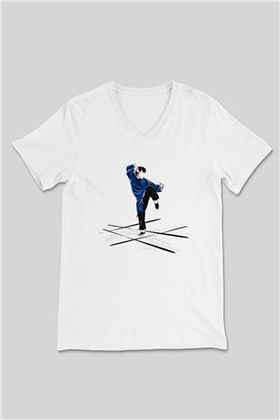Wushu Baskılı Unisex V Yaka Tişört - Tshirt