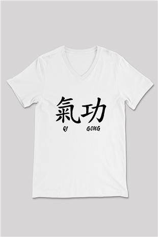 Wushu Baskılı Unisex V Yaka Tişört - Tshirt