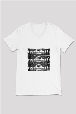 W&W Baskılı Beyaz V Yaka Unisex Tişört