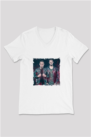 W&W Baskılı Beyaz V Yaka Unisex Tişört