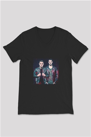 W&W Baskılı Unisex Siyah V Yaka Tişört