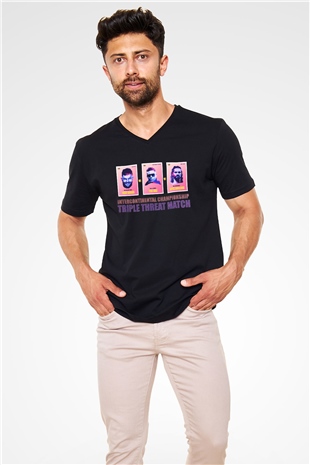 WWE Siyah Unisex V Yaka Tişört