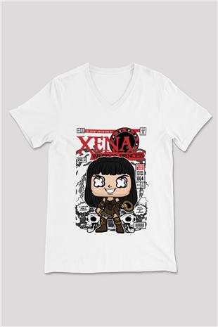 XENA - Savaşçı Prenses Baskılı Unisex Beyaz V Yaka Tişört