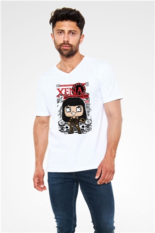 XENA - Savaşçı Prenses Baskılı Unisex Beyaz V Yaka Tişört