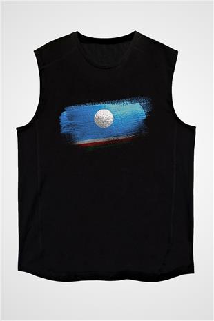 Yakutistan - Sakha Republic Bayrağı Baskılı Unisex Siyah Kolsuz Tişört
