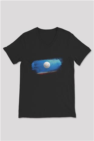 Yakutistan - Sakha Republic Bayrağı Baskılı Unisex Siyah V Yaka Tişört