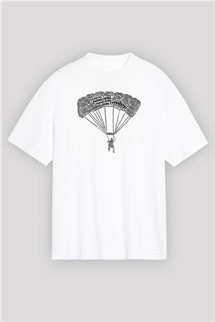 Yamaç Paraşütü Baskılı Unisex Beyaz Oversize Tişört - Tshirt