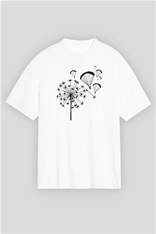 Yamaç Paraşütü Baskılı Unisex Beyaz Oversize Tişört - Tshirt