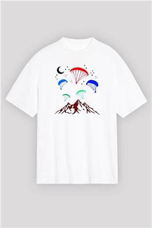 Yamaç Paraşütü Baskılı Unisex Beyaz Oversize Tişört - Tshirt