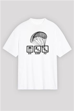 Yamaç Paraşütü Baskılı Unisex Beyaz Oversize Tişört - Tshirt
