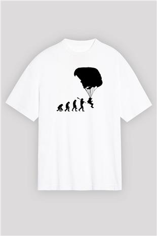 Yamaç Paraşütü Baskılı Unisex Beyaz Oversize Tişört - Tshirt
