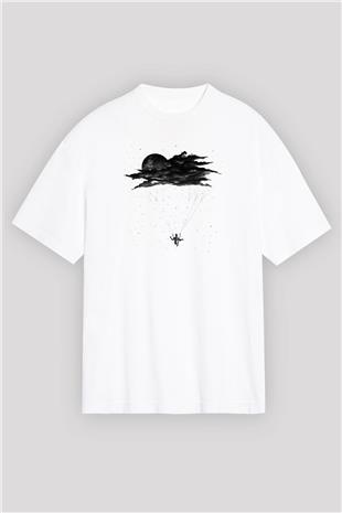 Yamaç Paraşütü Baskılı Unisex Beyaz Oversize Tişört - Tshirt