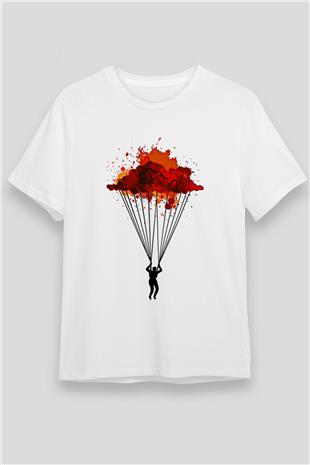 Yamaç Paraşütü Baskılı Unisex Beyaz Tişört - Tshirt