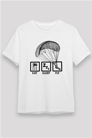 Yamaç Paraşütü Baskılı Unisex Beyaz Tişört - Tshirt