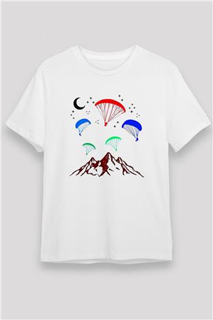Yamaç Paraşütü Baskılı Unisex Beyaz Tişört - Tshirt