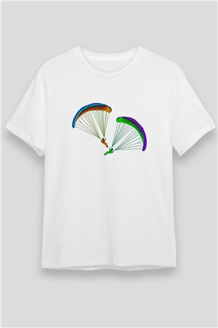 Yamaç Paraşütü Baskılı Unisex Beyaz Tişört - Tshirt