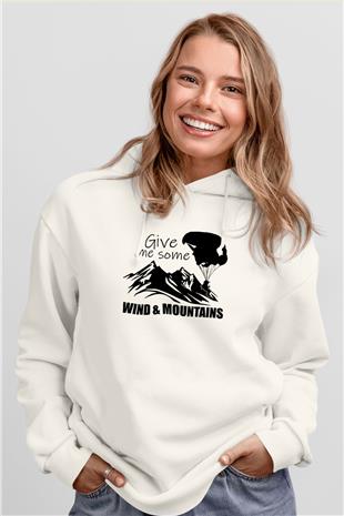 Yamaç Paraşütü Baskılı Unisex Ekru Hoodie