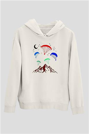 Yamaç Paraşütü Baskılı Unisex Ekru Hoodie
