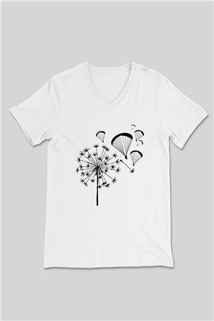 Yamaç Paraşütü Baskılı Unisex V Yaka Tişört - Tshirt