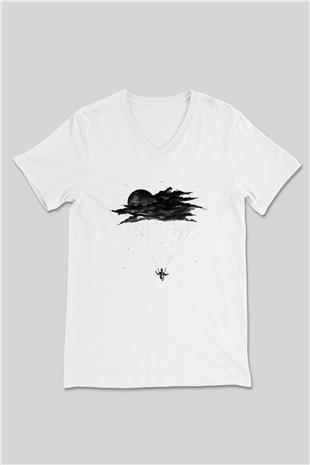 Yamaç Paraşütü Baskılı Unisex V Yaka Tişört - Tshirt