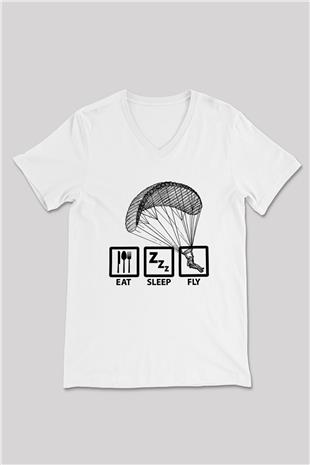 Yamaç Paraşütü Baskılı Unisex V Yaka Tişört - Tshirt