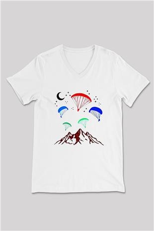 Yamaç Paraşütü Baskılı Unisex V Yaka Tişört - Tshirt