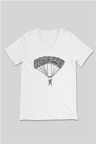Yamaç Paraşütü Baskılı Unisex V Yaka Tişört - Tshirt