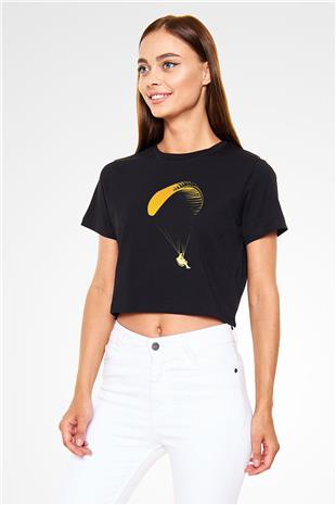 Yamaç Paraşütü - Paragliding Baskılı Crop Top Siyah Kadın Tişört - Tshirt