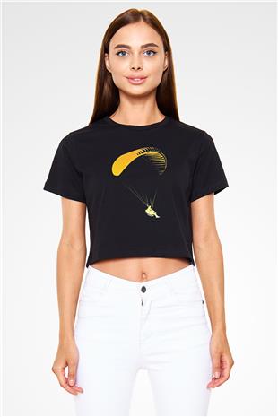 Yamaç Paraşütü - Paragliding Baskılı Crop Top Siyah Kadın Tişört - Tshirt