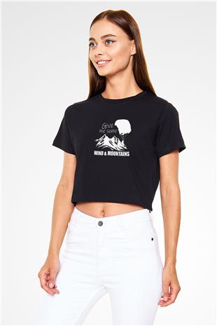 Yamaç Paraşütü - Paragliding Baskılı Crop Top Siyah Kadın Tişört - Tshirt