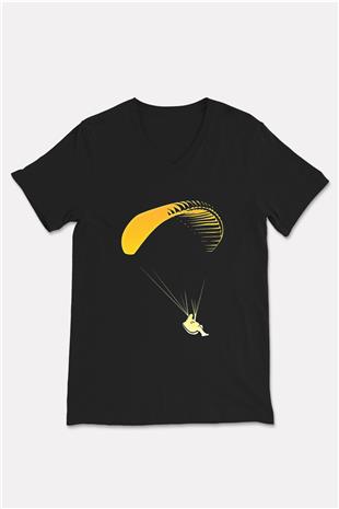 Yamaç Paraşütü - Paragliding Baskılı Unisex Siyah V Yaka Tişört