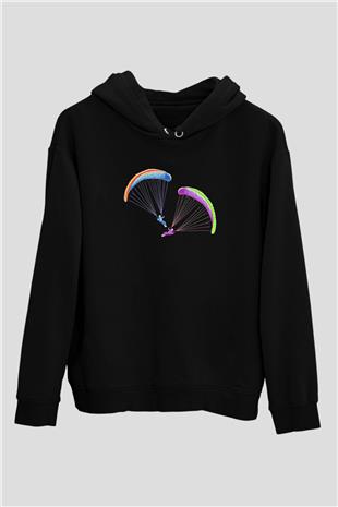 Yamaç Paraşütü - Paragliding Baskılı Unisex Siyah Kapüşonlu Sweatshirt