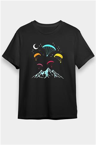 Yamaç Paraşütü - Paragliding Baskılı Unisex Siyah Tişört - Tshirt
