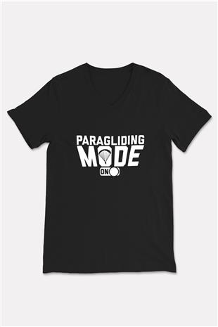 Yamaç Paraşütü - Paragliding Baskılı Unisex Siyah V Yaka Tişört