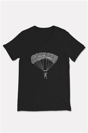 Yamaç Paraşütü - Paragliding Baskılı Unisex Siyah V Yaka Tişört