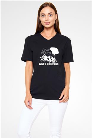 Yamaç Paraşütü - Paragliding Baskılı Unisex Siyah V Yaka Tişört