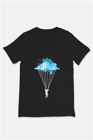 Yamaç Paraşütü - Paragliding Baskılı Unisex Siyah V Yaka Tişört